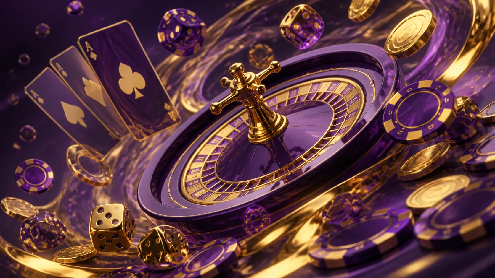Luxurious casino-themed banner featuring gold foil playing cards, poker chips, and roulette wheel on a dark background.